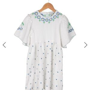 Stella McCartney Kids White Dress with Blue and Green Embroidery